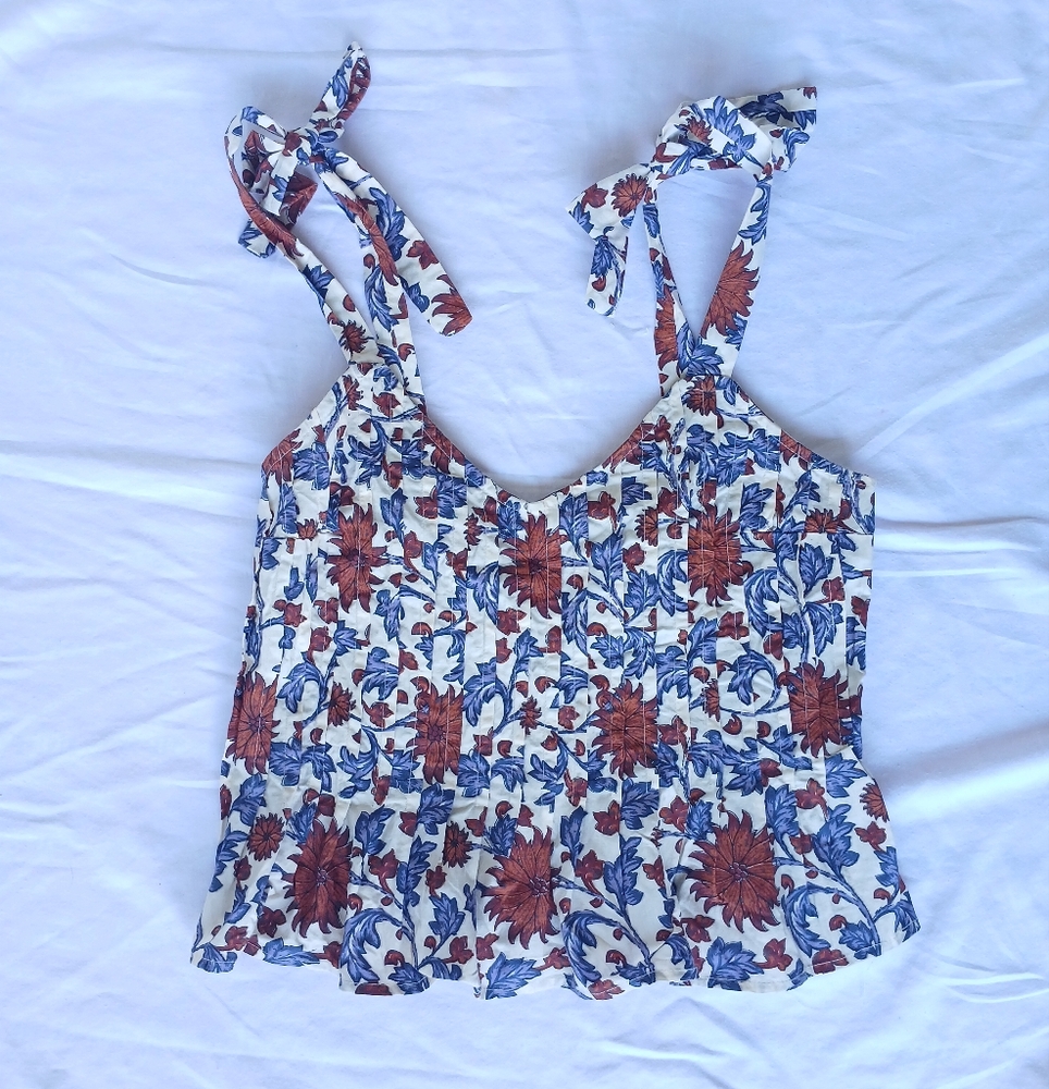 Athropologie Let Me Be Tie-Strap Peplum Floral 100% Cotton Top Womens Size XS - Picture 2 of 16